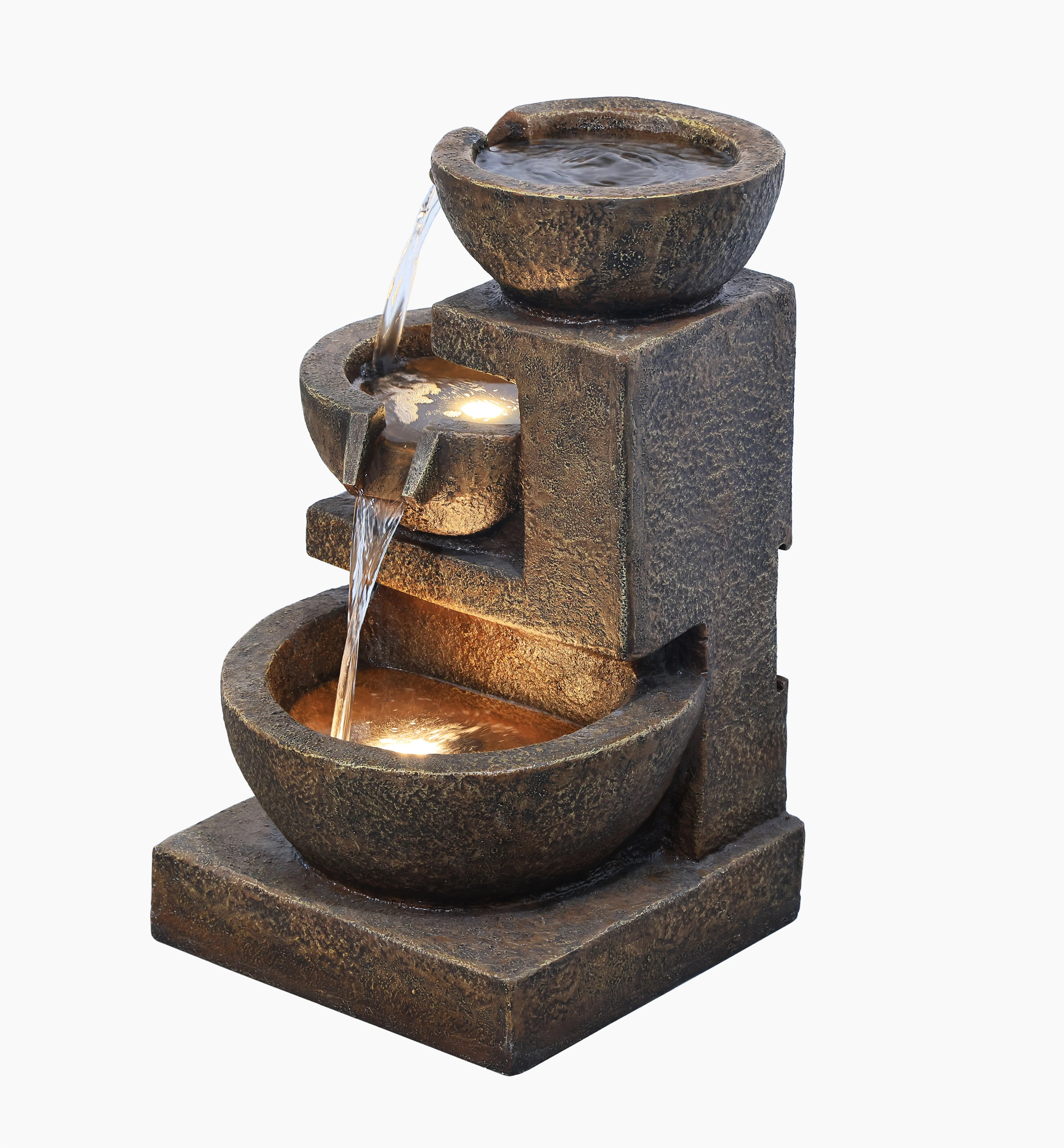 79061-BR - Cascading Bowl Fountain with Dual Warm White LEDs - Brown