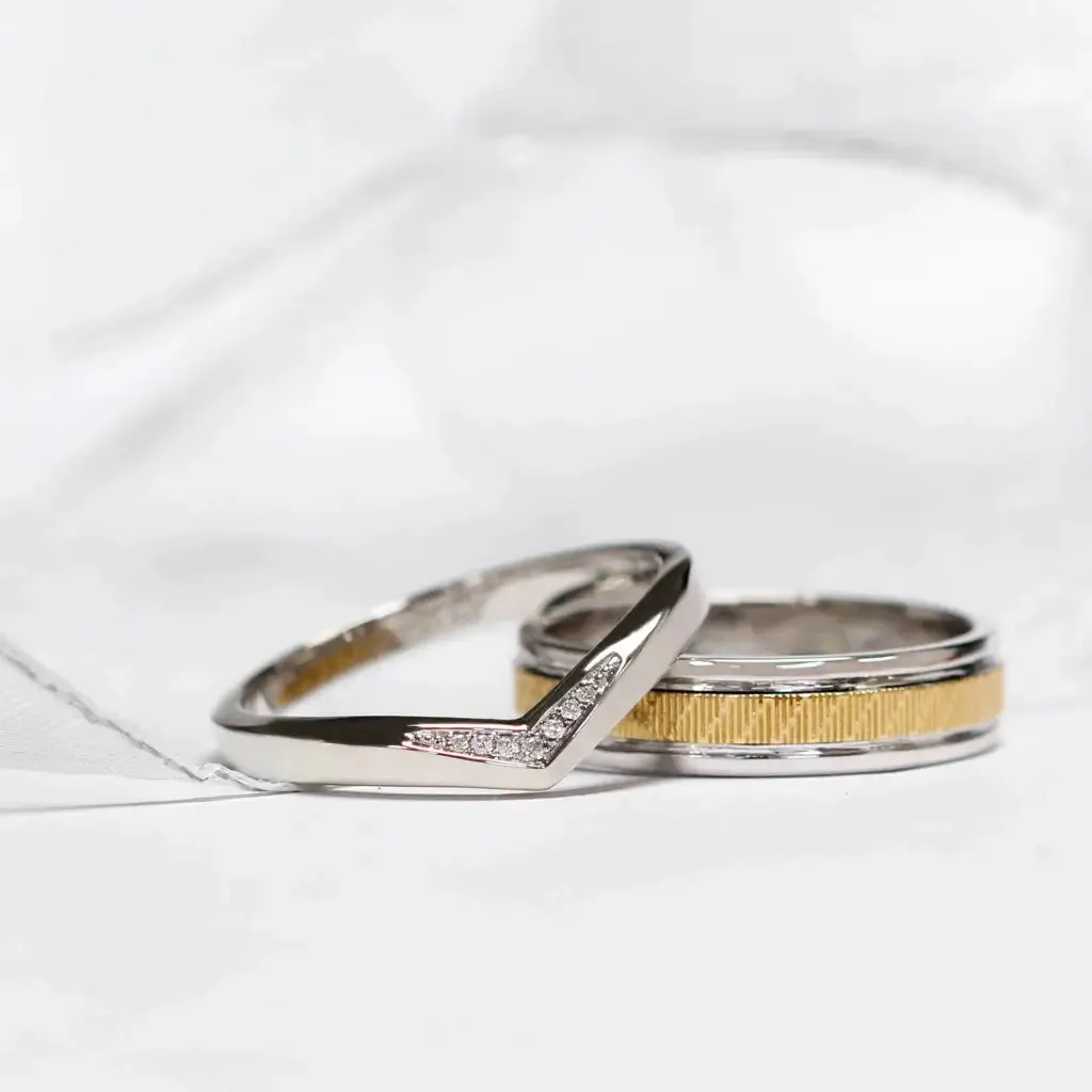 Benjamin Moissanite Accented V Shaped and Art Carved Duo Tone Wedding Rings in 18K gold